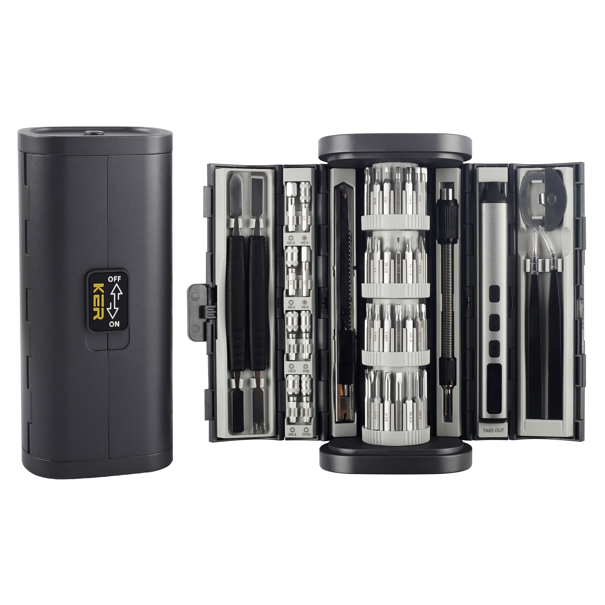 KER Tools 83-in-1 electric precision screwdriver set with organized accessories